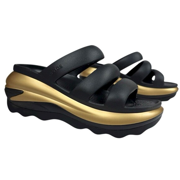 Crocs Mega Crush Women 11 Men 9 Black & Gold Triple Strap Platform Sandal New - Picture 3 of 9